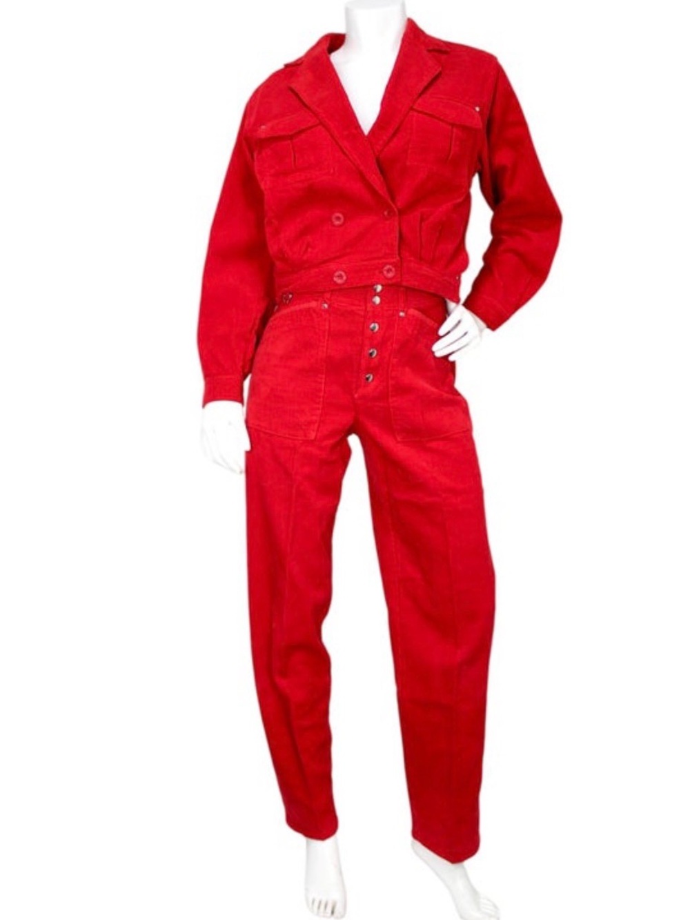 Vintage 80s Esprit Sport Red High-Waist Button Front pant and jacket. Corduroy